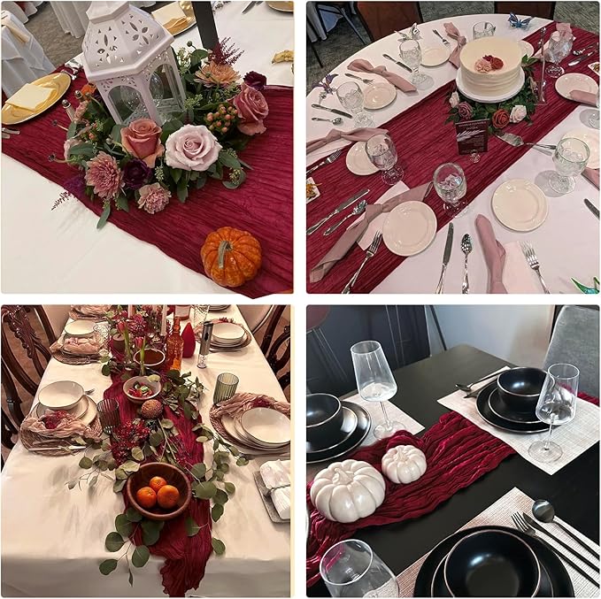 10 Pack Burgundy Cheesecloth Table Runner 6FT Boho Gauze Fabric Table Runner Vintage Rustic Sheer Runners for Wedding Party Bridal Baby Shower Long Table Decorations