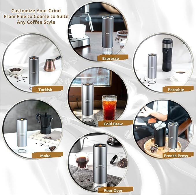 SPARKFE Portable Electric Coffee Grinder, Rechargeable Wireless Handheld Grinder with Stainless Steel Conical Burr, Adjustable Grind Settings, for Espresso, Moka, Pour Over, French Press, Cold Brew