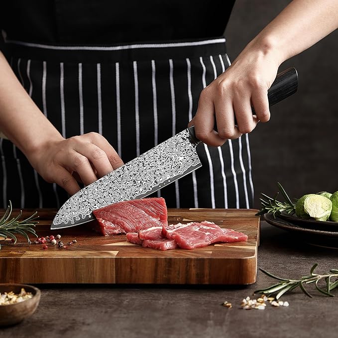 zayiko Black Edition Damascus Santoku Knife – 7.1-Inch Blade | 67-Layer VG10 Core Steel | Ergonomic Pakkawood Handle | Premium Kitchen Knife for Meat, Fish & Vegetables | Gift Box