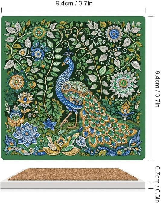 Peacock Drink Coasters, Square Ceramic Drink Coaster Square-4PCS, Beautiful Green Plant Floral Peacock Boho Art Pattren Decor Absorbent Ceramic Coasters for Beverage Cup, Bar, Coffee Table