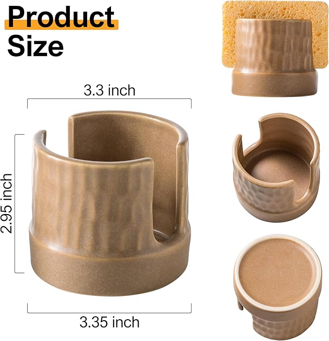 Sponge Holder for Kitchen Sink, Ceramic Sink Scrub Sponge Tray Dish Rack for Scrubbers, Kitchen Organizer, Brown