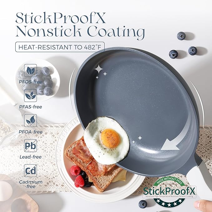 PRICUSIS 5Pcs Nonstick Ceramic Frying Pan Set, 8+10+12 Inch Induction Compatible with Stay Cool Handle, Fully Coated, 100% Dishwasher Safe, Healthy PTFE PFAS & PFOA Free Omelet Pans (Blueberry Gray