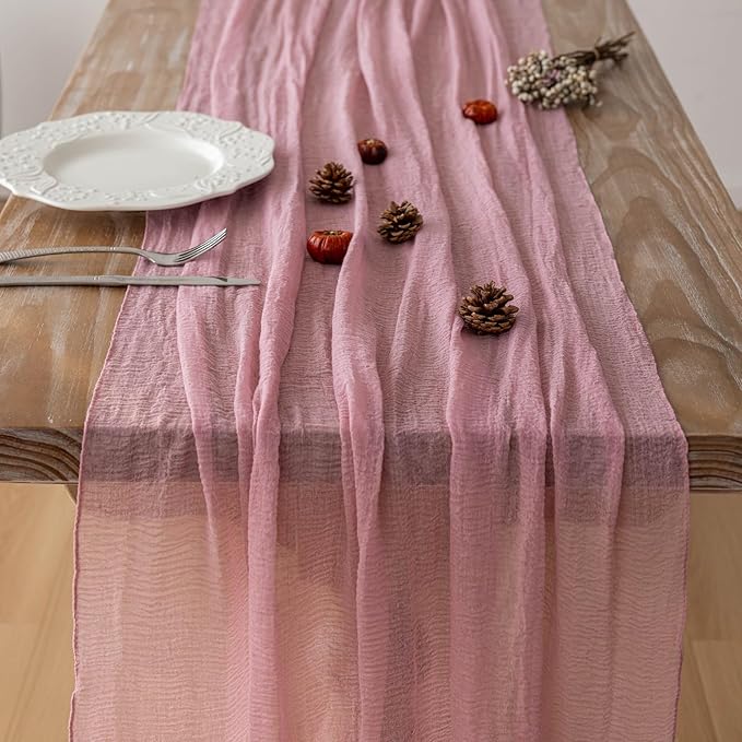 Keketoarrange 3pcs Cheesecloth Table Runner Dusty Rose Gauze 120 Inch 10 FT Rustic Boho Cheese Cloth Runner for Wedding Baby Shower Bridal Shower Party Long Sheer Centerpiece Fall Home Decoration