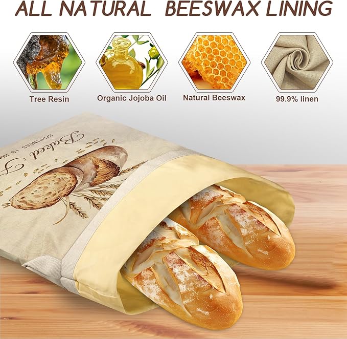 fufeisi Beeswax Bread Bags for Sourdough, 2 Pack Reusable Bread Bag for Storage XL 17x13 Inch, Large Linen Beeswax Bread Bags for Homemade Sourdough with 1 Linen Bowl Cover - Keep Fresh, Freezer Safe