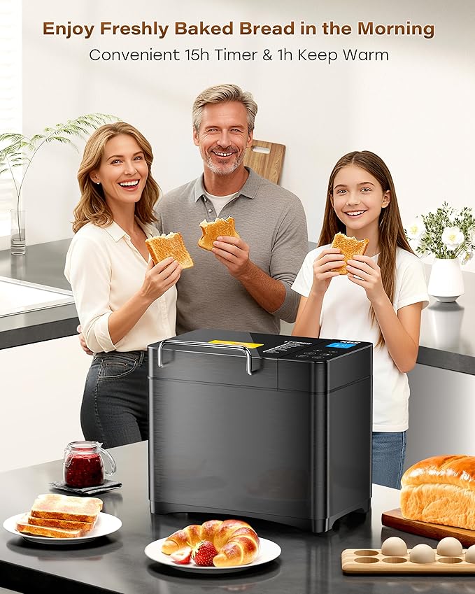 KBS Premium Convection Bread Maker Dual Heater, 17-in-1 Stainless Steel Bread Machine Ceramic Pan, Nut Dispenser,Touch Panel,2lb Loaf 3 Sizes 3 Crust Colors,Gluten-Free,Sourdough,Jam,Yogurt,53 Recipes