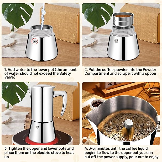 Vaolvpant No Coating 12 Cup Thickened 304 Stainless Steel Moka Pot Stovetop Espresso Maker Italian Coffee Machine 600ml 20.3oz Suitable for Gas Induction Stovetop Greca Coffee Maker Percolator