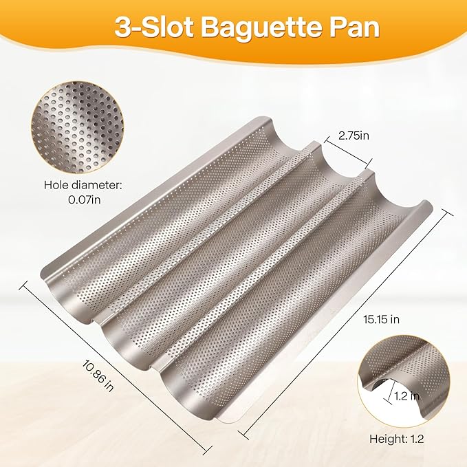 Barlket Baguette Bread Pan, Perforated French Bread Pan, Nonstick Bread Pans for Baking, with Baguette Kit – Includes Proofing Cloth & Dough Cutter, 15x11 Inch Gold, 3 Loaf