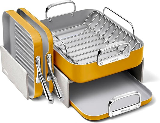 Caraway Square Cookware Set - Square Pans Set - Perfect for Griddling, Toasting, Searing, Roasting, and More - Non-Stick Ceramic Coated Pans - Non Toxic, PTFE & PFOA Free - Marigold