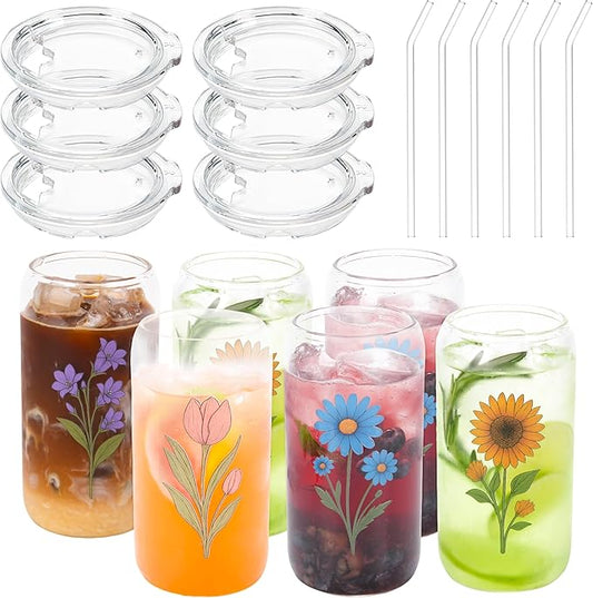 16OZ Drinking Glass Cup with Tritan Lid and Straw 6pcs Set Cute Iced Coffee Cup Aesthetic Glass Tumbler with Flower Design Ideal Gift for Women, Birthday, Christmas, Beer Glasses for Bar Accessories