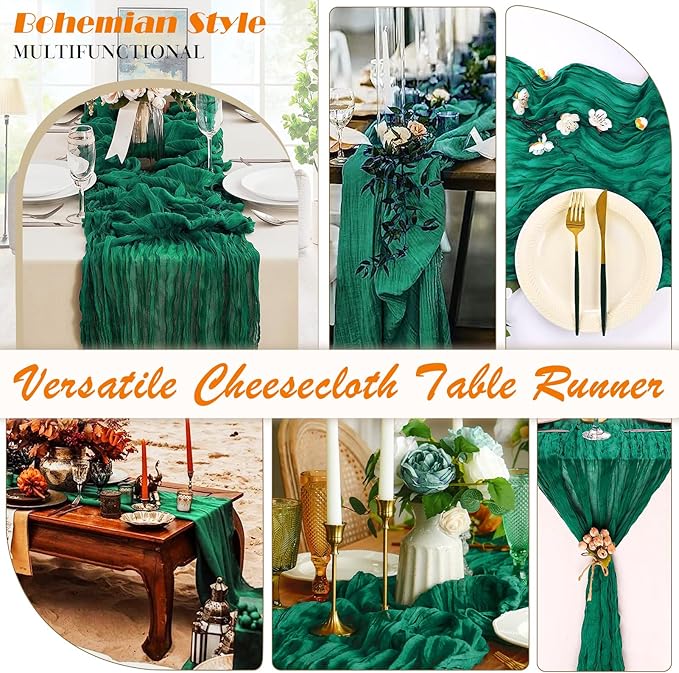 Dark Green Cheesecloth Table Runner 2 Pack 35" Boho Gauze 120 inches Long Runner Rustic Sheer Fabric Bulk for Baby Shower Wedding Bridal Birthday Party Table Decorations