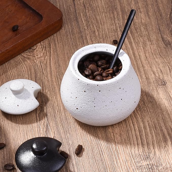 Sugar Bowl with Lid and Spoons Porcelain Salt Containers Spice Bowls for Spice Seasoning (White)