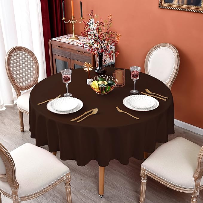 MEANMOY Brown 210 GSM Water & Stain Resistant Round Tablecloth for Circle Table - Solid 90 Inch Table Cloth Cover in Wrinkle Free Durable Washable Polyester Fabric for Wedding, Party, Banquet