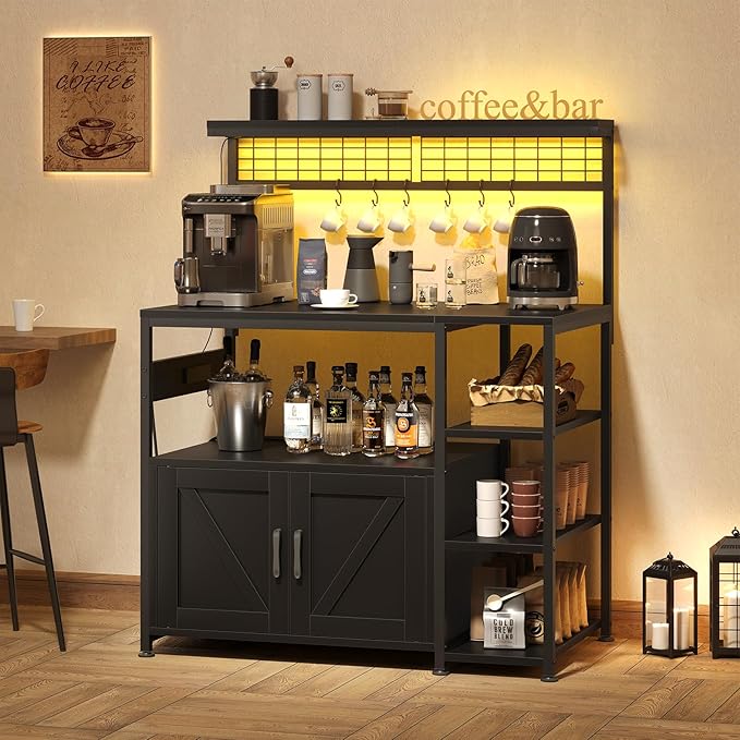TVU Bakers Rack with Power Outlet and LED Light, Microwave Stand with Storage Cabinet, Coffee Bar Cabinet Station with 6 Hooks for Kitchen, Dining Room, Living Room, Coffee Bar, Black