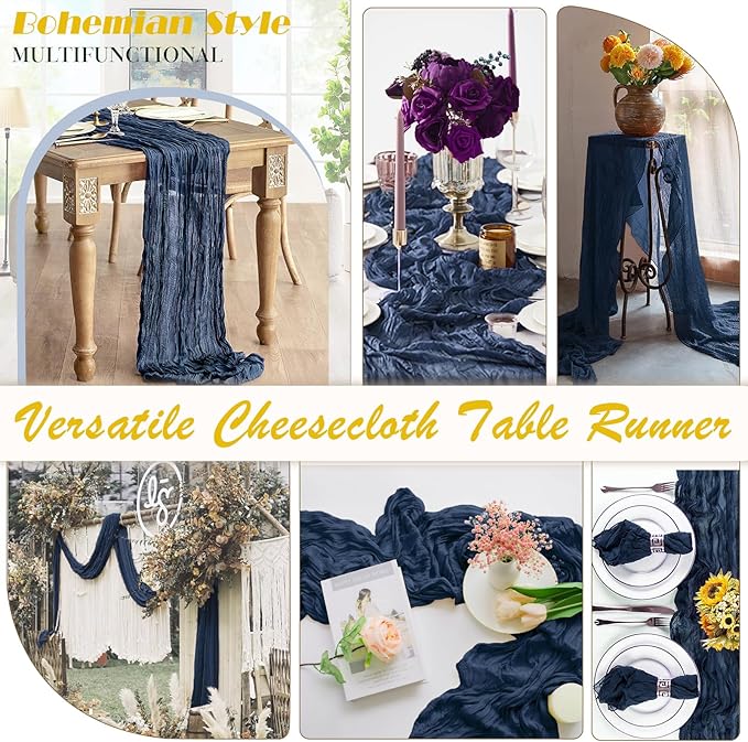 Navy Blue Cheesecloth Table Runner 2 Pack 35" Boho Gauze Table Runner 120 inches Long Runner Rustic Sheer Fabric Bulk for Baby Shower Wedding Bridal Birthday Party Table Decorations