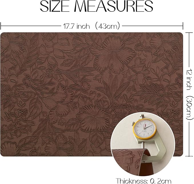 Romanstile Vinyl Placemats Set of 6-12 X 17 Inch - Heat Resistant Non-Slip Embossed Floral Place Mats 100% Waterproof Oilproof Wipeable Faux Leather Table Mats for Kitchen/Dining/Party, Brown