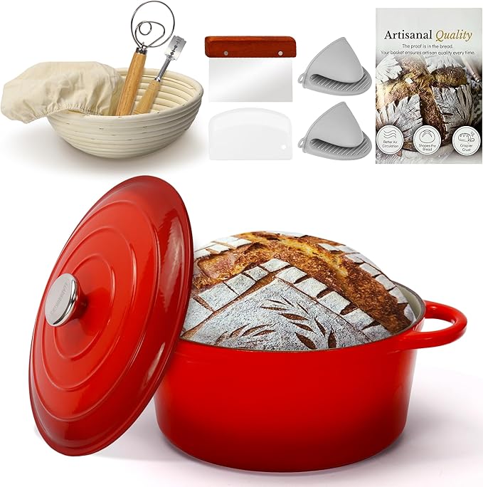 LEADKooKers 5QT Enameled Cast Iron Bread Oven with Proofing Basket for Bread Baking, Bread Making Supplies Tools,Heavy-Duty Cookware for Braising, Stews, Roasting, Bread Baking (Red)