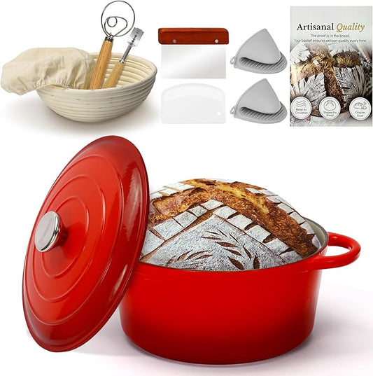 LEADKooKers 5QT Enameled Cast Iron Bread Oven with Proofing Basket for Bread Baking, Bread Making Supplies Tools,Heavy-Duty Cookware for Braising, Stews, Roasting, Bread Baking (Red)