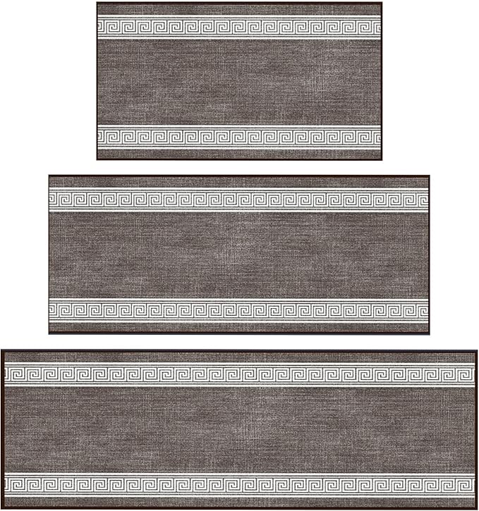 Ottomanson 3-Piece Kitchen Rug Set - Non Slip Runner & Washable Mat - 1'11" x 3' + 1'11" x 4' + 1'11"' x 5' - Durable, Stain Resistant for Entryway, Bedroom and Bathroom, Greek Border Brown