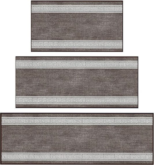 Ottomanson 3-Piece Kitchen Rug Set - Non Slip Runner & Washable Mat - 1'11" x 3' + 1'11" x 4' + 1'11"' x 5' - Durable, Stain Resistant for Entryway, Bedroom and Bathroom, Greek Border Brown