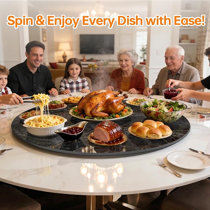 Lazy Susan Turntable 23.6 Inch - 360° Silent Rotating Anti-Slip Serving Tray, Heavy Duty Centerpiece for Kitchen, Dining & Coffee Table - Glossy Black Modern Design with Non-Slip Base