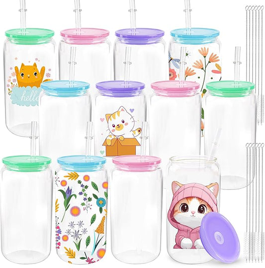 Joyclub 12 Pack Clear Sublimation Glass Cups Blanks 16 OZ Borosilicate Can Glass Tumblers with Acrylic Lids for Beer, Juice, Soda, Iced Coffee