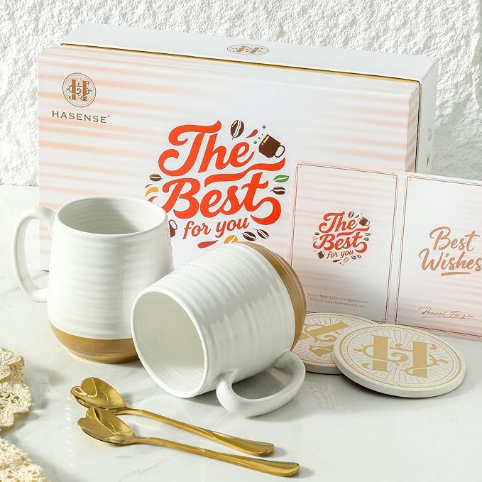HASENSE Coffee Mugs Gift Set, 20oz Ceramic Mugs Set of 2 with Handle, Glaze Coasters & Spoons in Storage Box, For Coffee Tea and Cocoa, White Couple Mugs for Christmas Thanksgiving