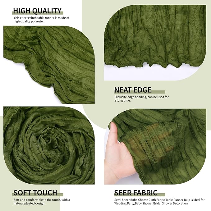 12 Pcs Olive Green Cheesecloth Table Runner 10Ft, Gauze Table Runners 21.5 x 120 inch,Semi Sheer Cheese Cloth Fabric Runner Bulk for Wedding,Party,Baby Shower,Bridal Shower