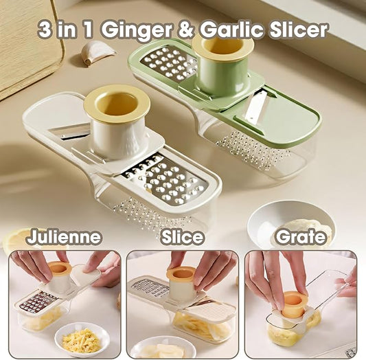 3 in 1 mini Ginger Garlic Grinder Super Thin, Multifunctional Mandoline slicer Grater with Hand Guard, Easy Grip Handheld Kitchen Tool, for Camping Cooking and Picnic (green)