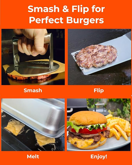 Smash Burger Press Kit – 6.5 Inch Stainless Steel Hamburger Smasher Tool – Heavy Duty Grill Press for Flat Top Griddles and Cast Iron Pans – Perfect for Crispy Smashed Burger Patty – Dome Set