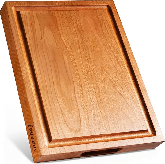 Empune Cherry Wood Cutting Boards for Kitchen Wooden Cutting Board with Handle, Chopping Board with Built-in Juice Groove & Well, Heavy-duty Charcuterie Board Butcher Block, 16.5x11.8x1.4 Inches