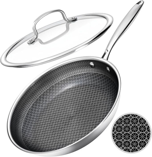 USELUCK Nonstick Frying Pans with Lid,12-Inch Stainless Steel Skillet with Honeycomb Surface,Dishwasher-Friendly,Oven-Safe,Induction Compatible,PFAS-FREE,Non-Toxic,Compatible with All Cooktops.