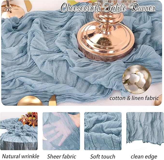 Dusty Blue Cheesecloth Table Runner, 6 Pack 35" Boho Gauze Runner 120 inches Long Runner Rustic Sheer Cheese Cloth Fabric Bulk for Baby Shower Wedding Bridal Birthday Party Decor