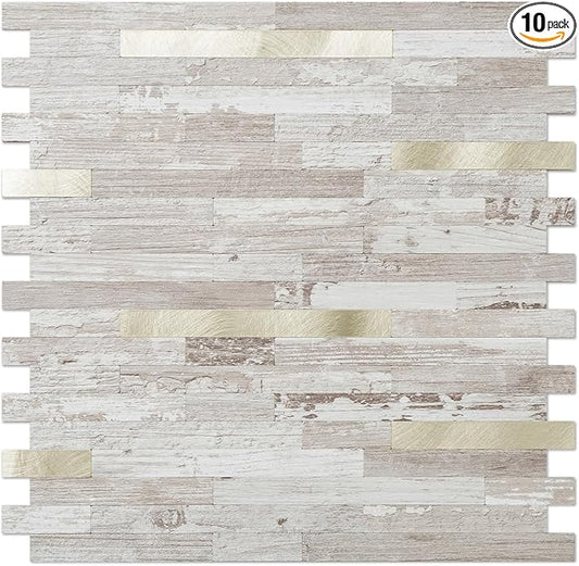 DICOFUN 10-Sheet Peel and Stick Backsplash Tile, Brown Birch Wood Look PVC Mixed Metal Gold Stick on Backsplash Tiles for Kitchen, 9.4 sq.ft