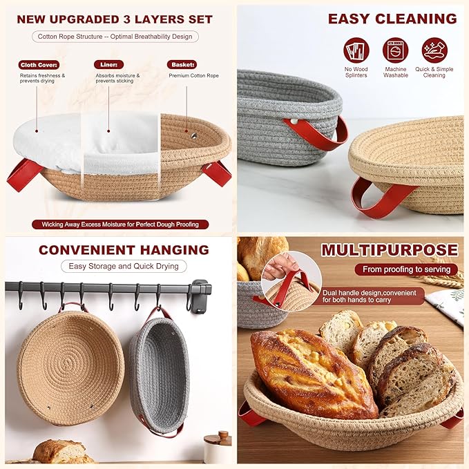 Sourdough Bread Baking Supplies, Banneton Bread Proofing Basket, 10 Inch Oval & Round Bread Baskets with Liners & Covers, Sourdough Starter Kit