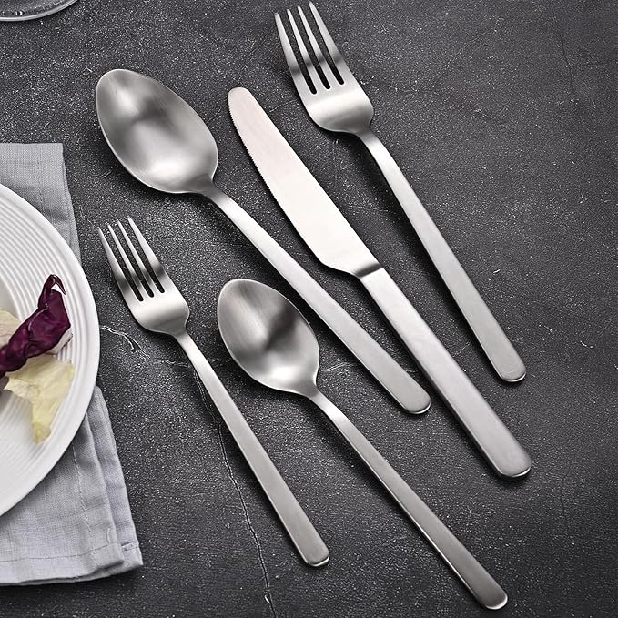 KINGSTONE Forged Silverware Set, 20 Piece Flatware Set for 4, 18/10 Stainless Steel Silverware Utensils Set, Matte Satin Finish Dishwasher Safe(Matte Silver)