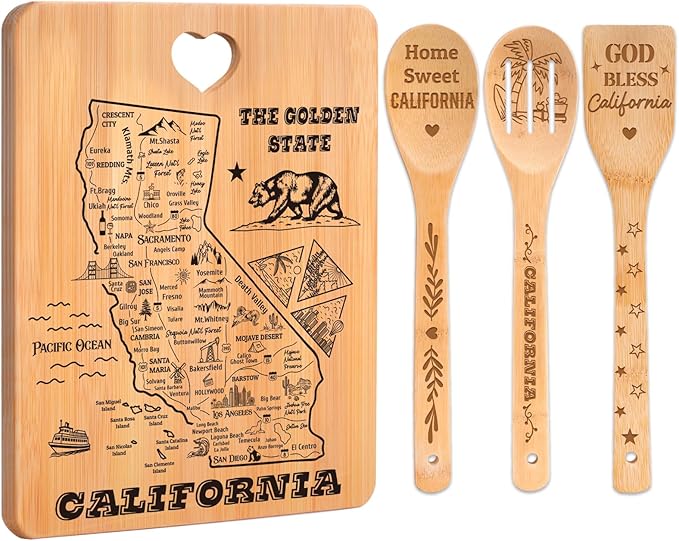 California State Cutting Board and Spoons Set, California Kitchen Decor with State Map Design, Charcuterie and Serving Board, Home Sweet California Theme Gifts for California Lovers.