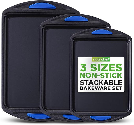 NutriChef 3-Piece Nonstick Cookie Sheet Tray Set - Baking Pans with Blue Silicone Handles, Stackable Design, Easy to Clean, Small, Medium, Large Carbon Steel Cookie Pans, Oven Safe to 446°F