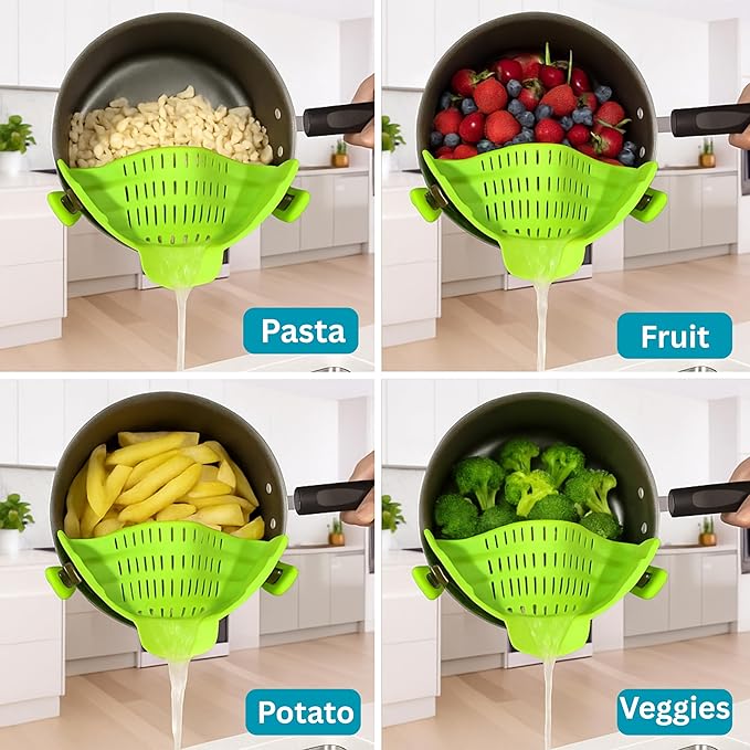 Clip on Strainer Silicone for All Pots and Pans, Colander, Pot Strainer for Pasta, Meat, Vegetables, Space Saving Design, Food-Safe w/Collapsible Funnel, Garlic Peeler, 3 Pack(Lime Green)