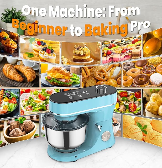 Bonnor Stand Mixer 6QT Kitchen Mixer with LED Smart Touchscreen, 11-Speed Tilt-Head Mixer with Timer, 4 Preset Menus, Stainless Steel Bowl, Dough Hook, Whisk, Beater,Blue