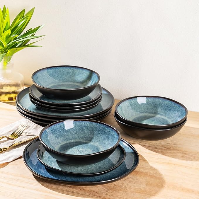 AmorArc Ceramic Dinnerware Sets,Handmade Reactive Glaze Stoneware Plates and Bowls Set,Highly Chip and Crack Resistant | Dishwasher & Microwave Safe Dishes Set,Service for 4 (12pc)