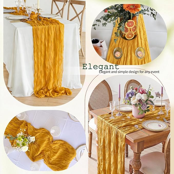 12 Pcs Gold Cheesecloth Table Runner 10Ft, Gauze Table Runners 21.5 x 120 inch,Semi Sheer Cheese Cloth Fabric Runner Bulk for Wedding,Party,Baby Shower,Bridal Shower