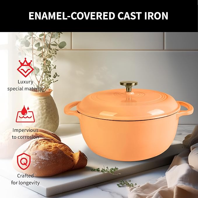 Fijxzct Premium Enameled Cast Iron Dutch Oven for Bread Baking | Non-Stick 5.5QT Oval Bread Oven with Lid | Perfect for Sourdough, Loaf, and Artisan Baking (Round Orange, 5.5 QT)