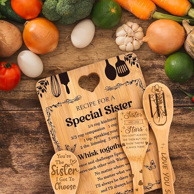 Sister Birthday Gifts - "Recipe for a Special Sister" Sister Gifts from Sister Cutting Board Set, Bamboo-Made Engraved Utensil Set Sister Gifts from Sister, Sister Birthday Gifts from Sister/Brother
