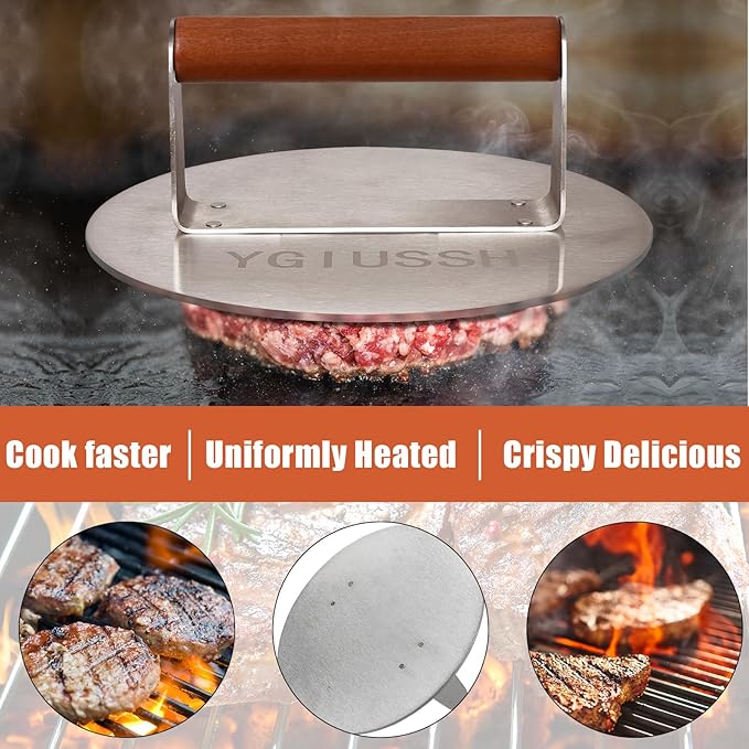 8.7 Inch Heavy-Duty Grill Press with Beech Wood Handle Stainless Steel Bacon Press Round Non-Stick Hamburger Press Weight Burger Smasher for Perfectly Seared Bacon Steak & Sandwiches