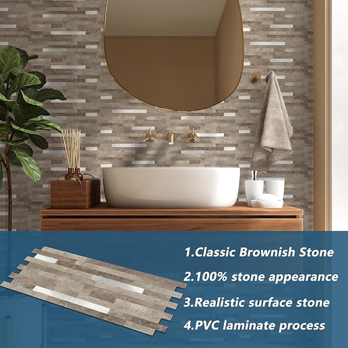 Yipscazo 10 Sheets PVC Wall Tiles Stick on Tiles for Backsplash Kitchen, Bathroom, Laundry Room, Camper, Fireplace (6'' X 12'', Brownish Stone)