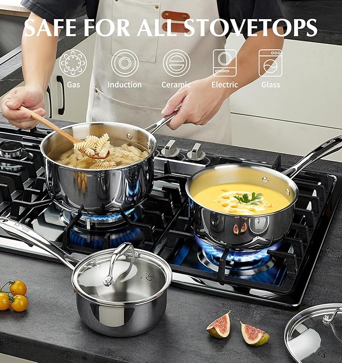KOCH SYSTEME CS Triply Stainless Steel Saucepan, 3 Quart Stainless Steel Pot with lid, Large Cooking Pot, 3QT Sauce Pan with Stay Cool Handle, Induction Compatible Pot, Oven Safe 600°F
