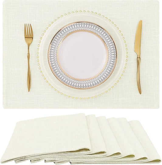 homing Cotton Linen Placemats Set of 6, Cloth Washable Farmhouse Dining Table Mats for Indoors & Outdoors, Easy to Clean, Cream, 13 x 19 Inch