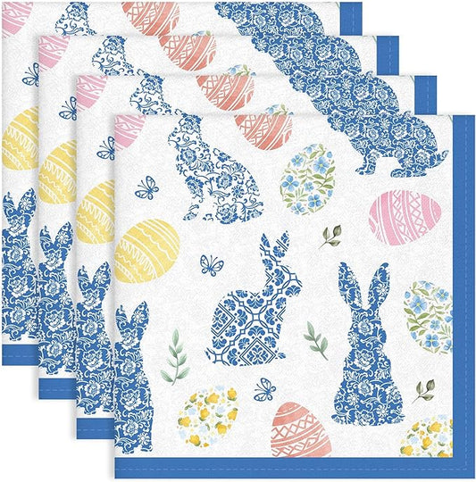Easter Bunny Napkins, 18×18 Inch Blue Floral Egg Dinner Cloth Napkins Set of 4, Washable Cotton Soft Absorbent Square Napkins for Dining Kitchen Party Wedding Decoration
