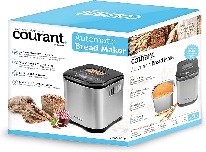Courant Bread Maker Machine 3 Loaf sizes, Gluten-free, sugar-free, Natural Sourdough, Total 15 Pre-Programmable Cycles, Delay Timer, Easy to Use, Warm Feature - Stainless Steel Automatic