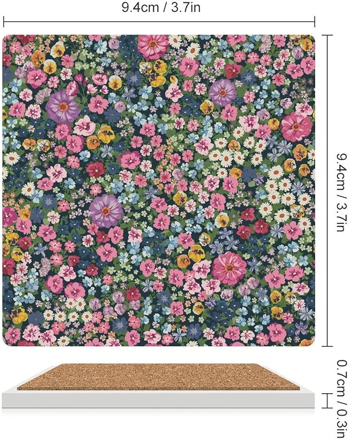 Floral Drink Coasters, Square Ceramic Drink Coaster Square-4PCS, Cartoon Abstract Wildflower Nature Plant Colorful Floral Decor Absorbent Ceramic Coasters for Beverage Cup, Bar, Coffee Table
